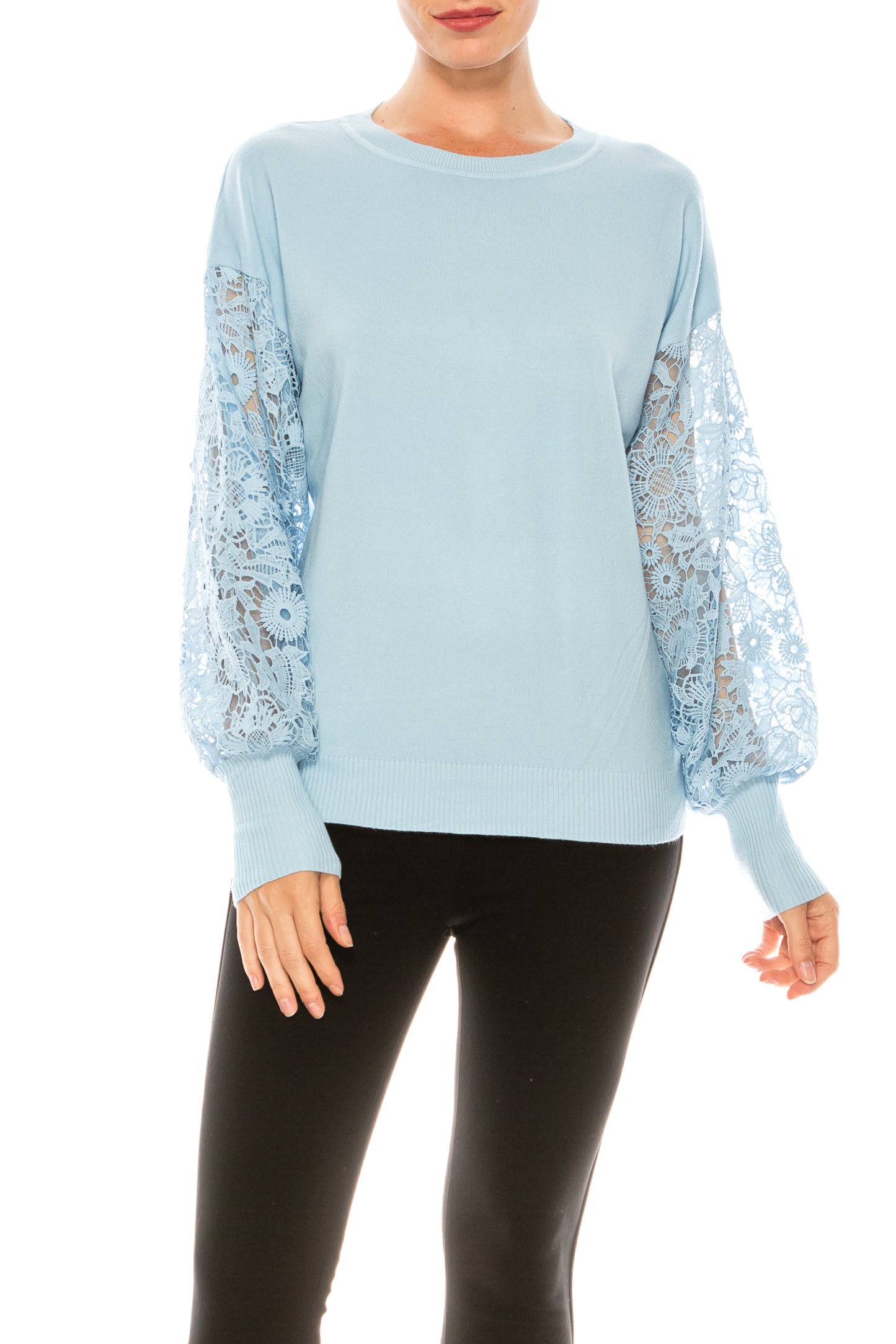 Sioni Crew Neck Lace Puff Sleeve Knit Top (More Colors)