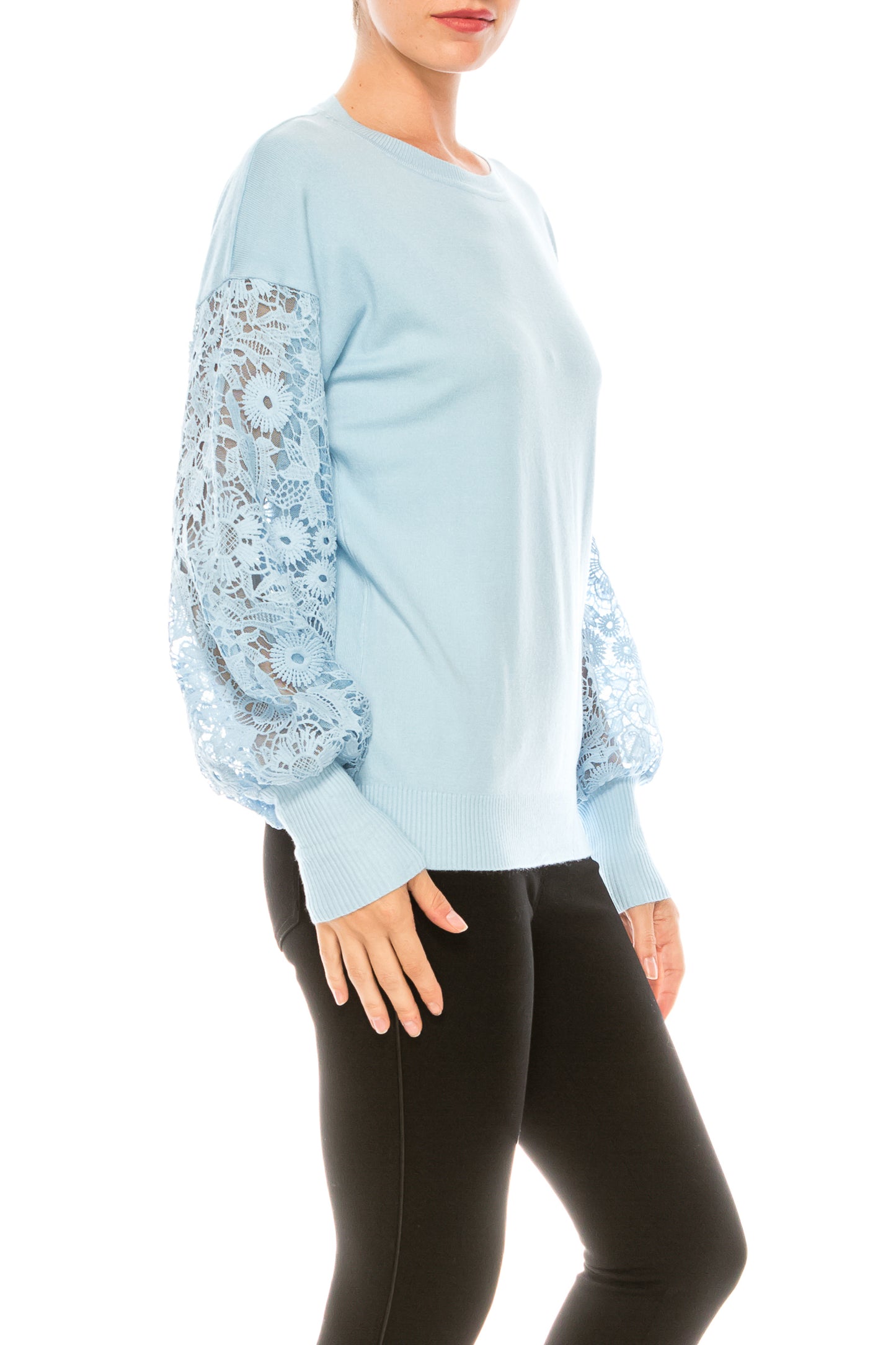 Sioni Crew Neck Lace Puff Sleeve Knit Top (More Colors)