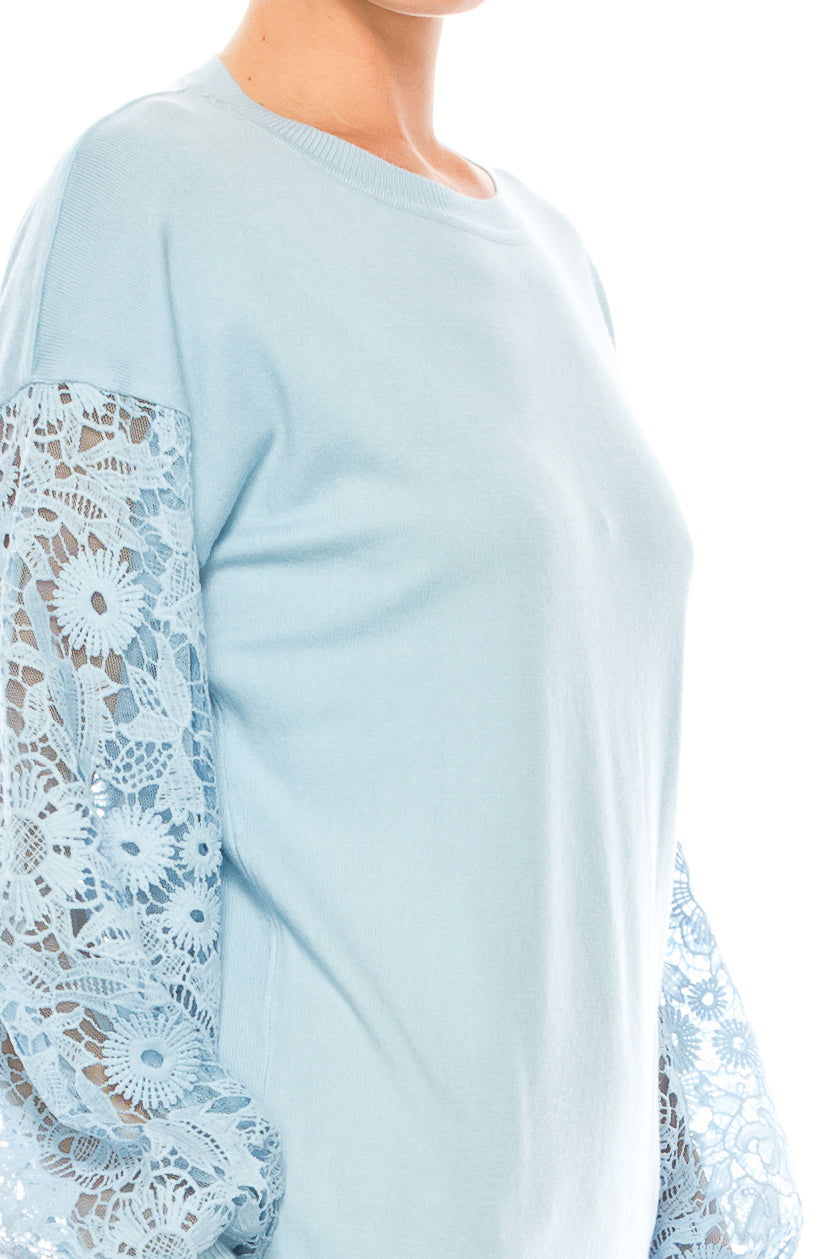 Sioni Crew Neck Lace Puff Sleeve Knit Top (More Colors)