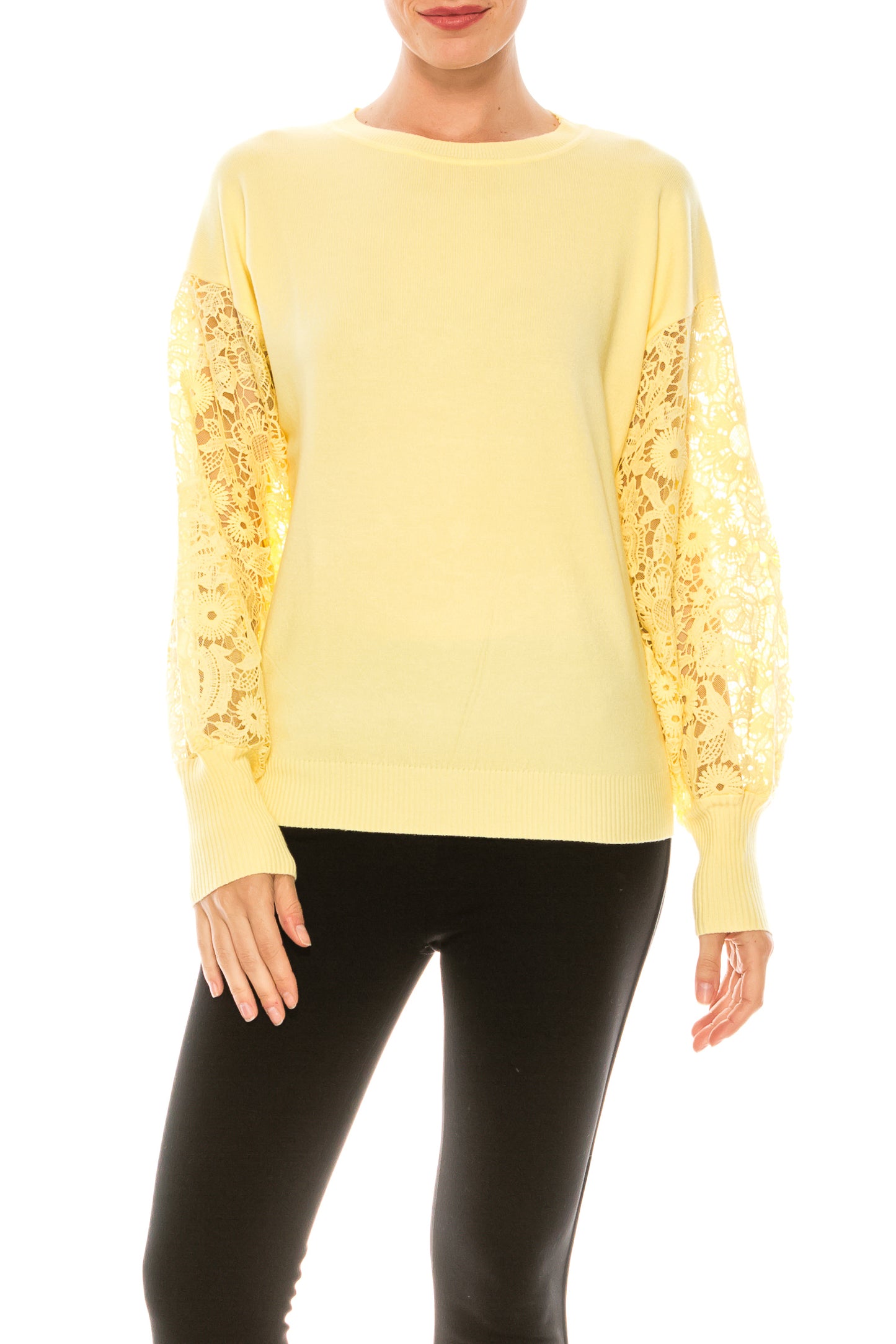 Sioni Crew Neck Lace Puff Sleeve Knit Top (More Colors)