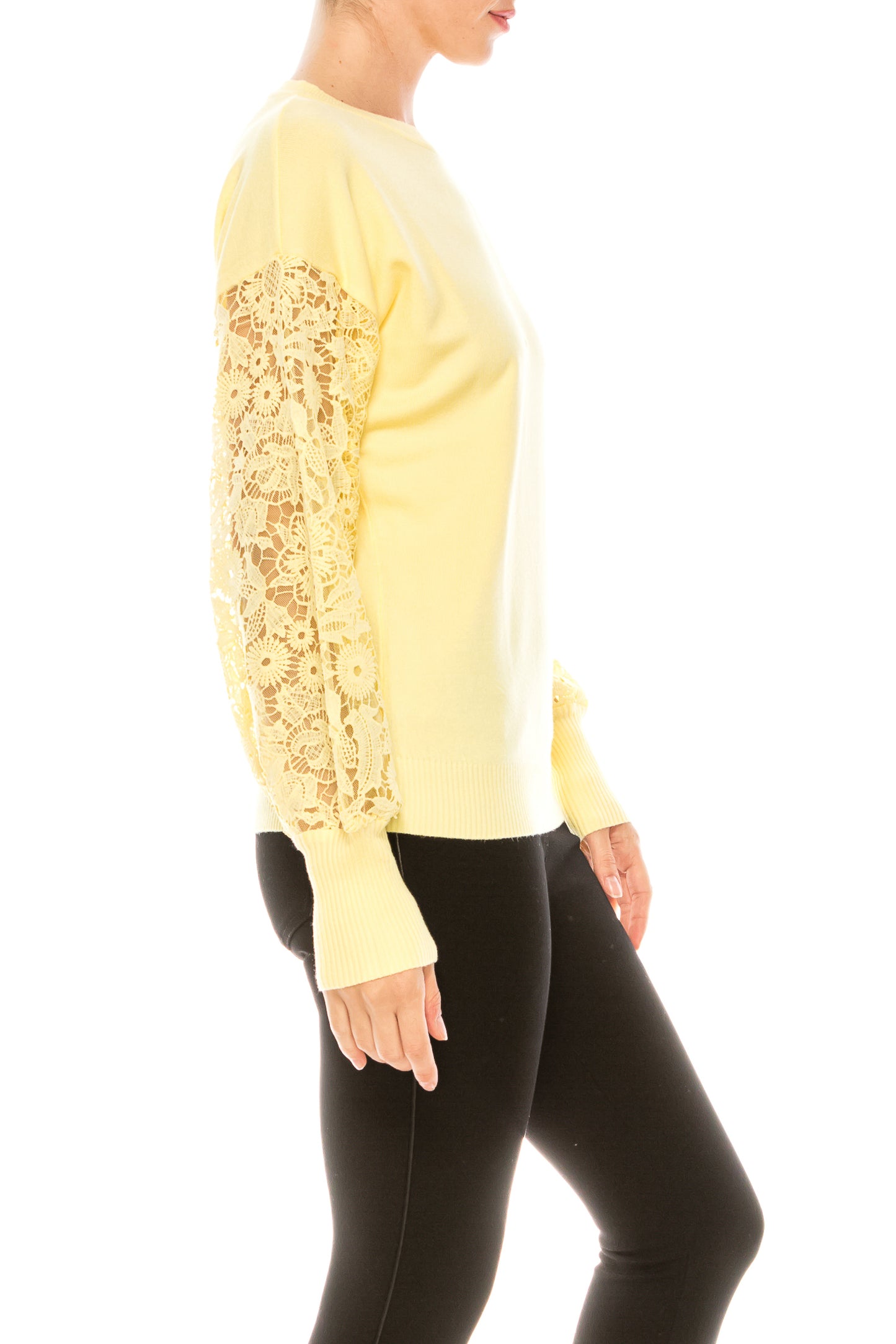 Sioni Crew Neck Lace Puff Sleeve Knit Top (More Colors)