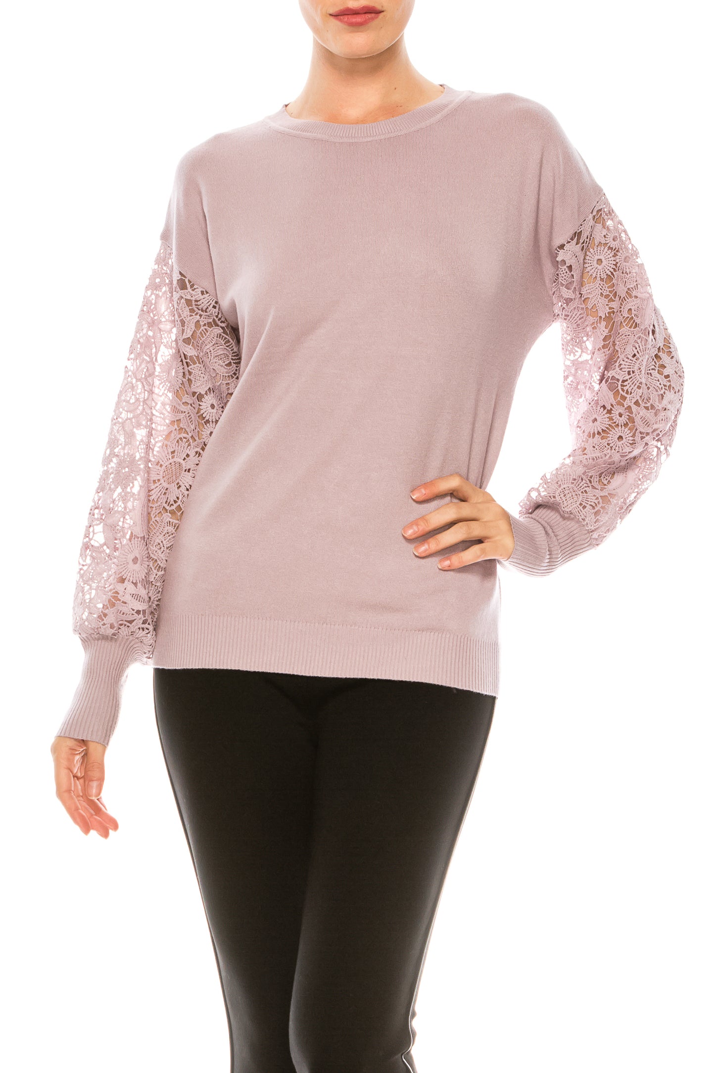 Sioni Crew Neck Lace Puff Sleeve Knit Top (More Colors)