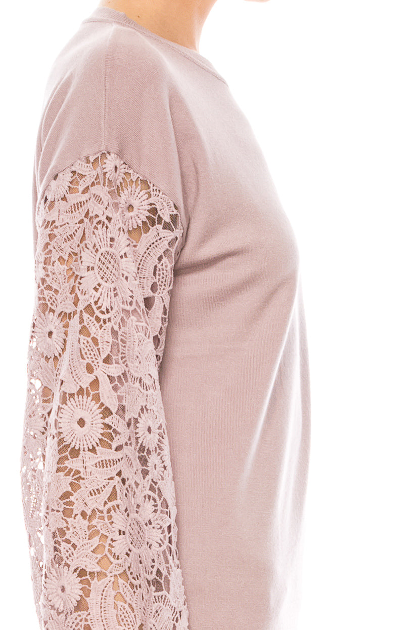 Sioni Crew Neck Lace Puff Sleeve Knit Top (More Colors)