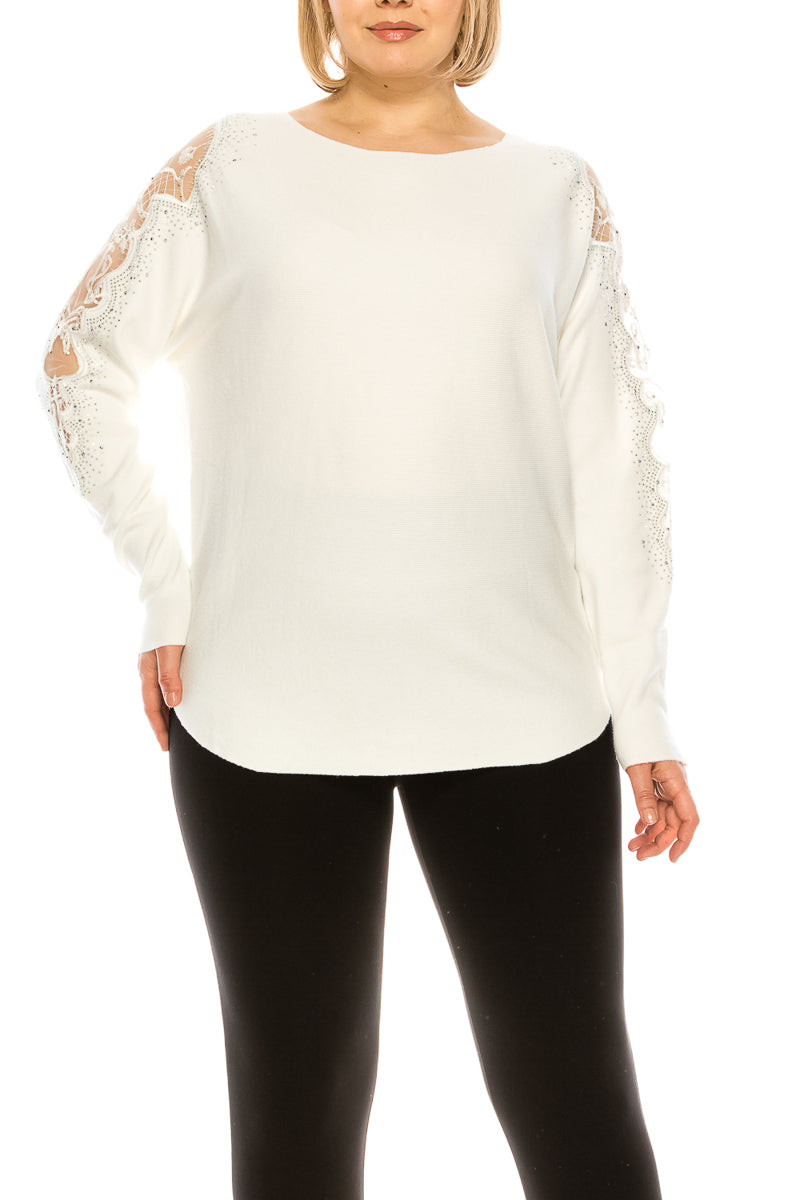 VILA MILANO Boat Neck Rounded Hem Knit Top with Lace Trim Detail