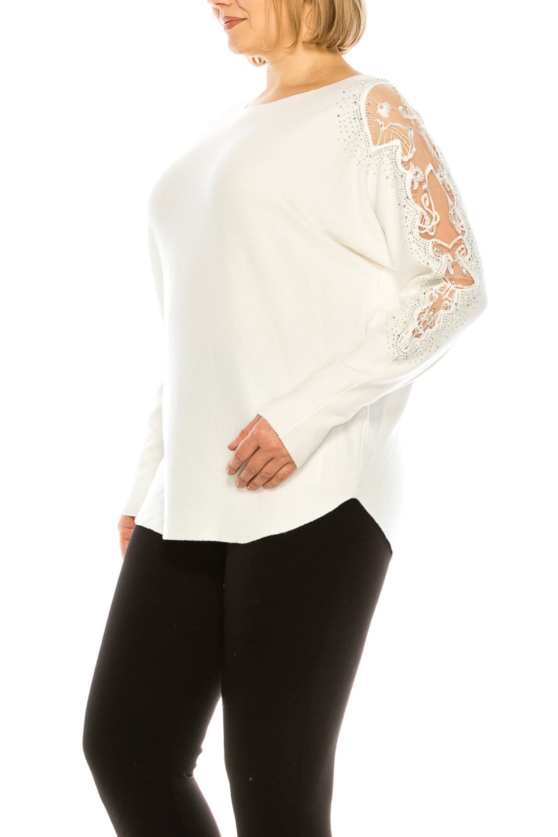 VILA MILANO Boat Neck Rounded Hem Knit Top with Lace Trim Detail