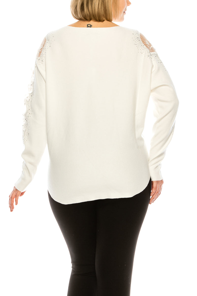 VILA MILANO Boat Neck Rounded Hem Knit Top with Lace Trim Detail