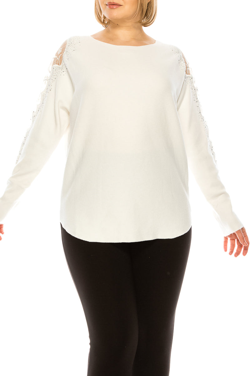 VILA MILANO Boat Neck Rounded Hem Knit Top with Lace Trim Detail