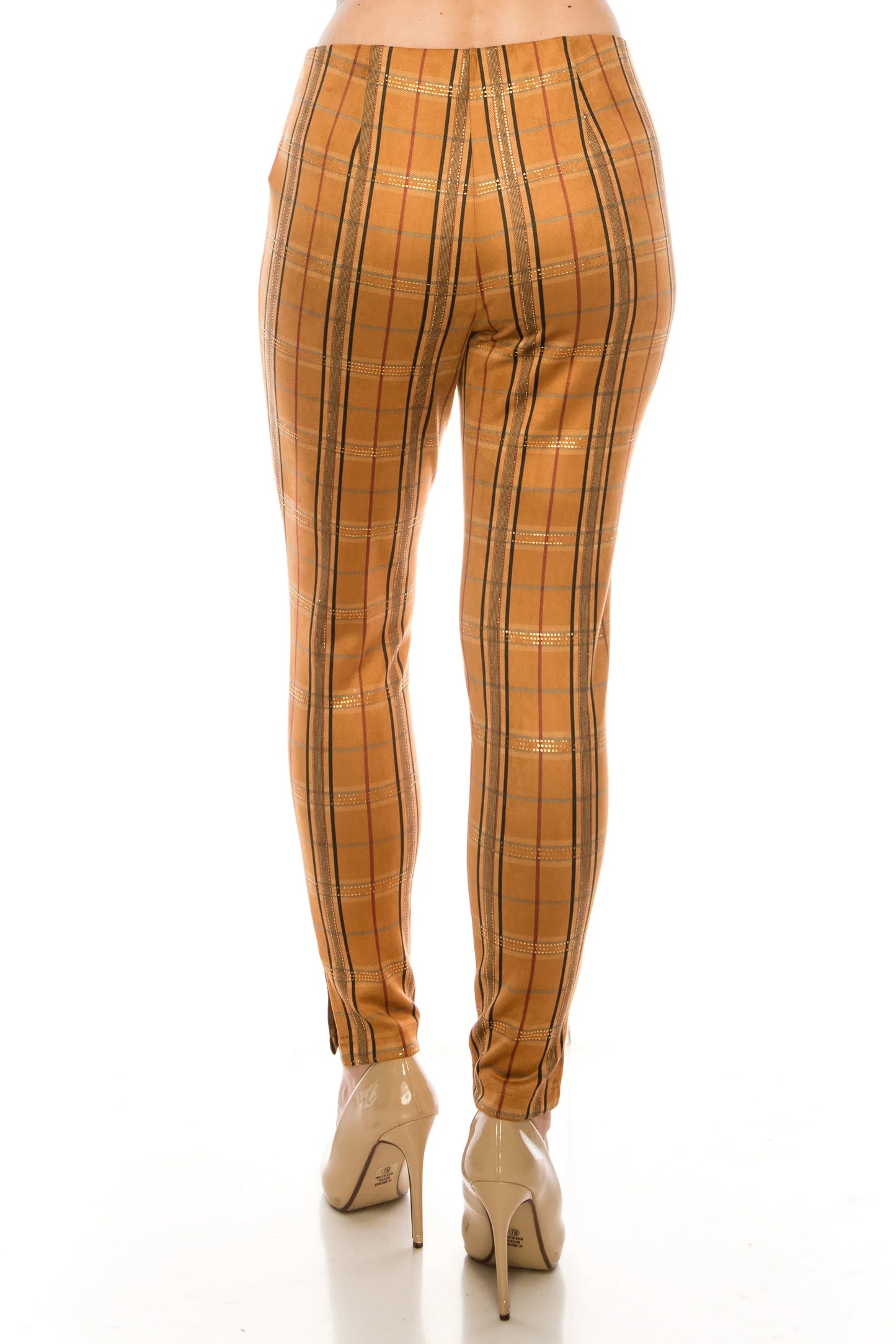 Rear view of women's mustard yellow plaid trousers with nude high heels