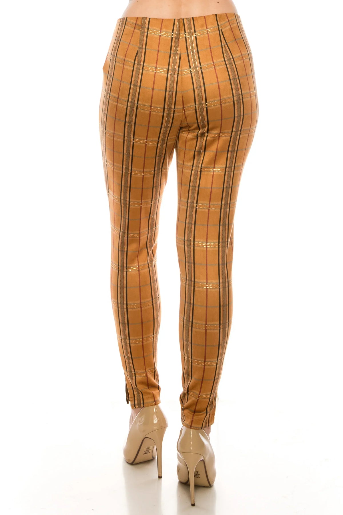 Back view of Zac & Rachel tabacco plaid slim ankle leggings with nude high heels.