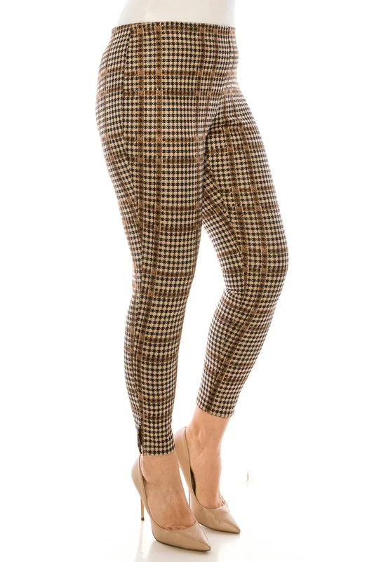 ZAC & RACHEL slim ankle leggings in a brown and tan houndstooth pattern with ankle zippers