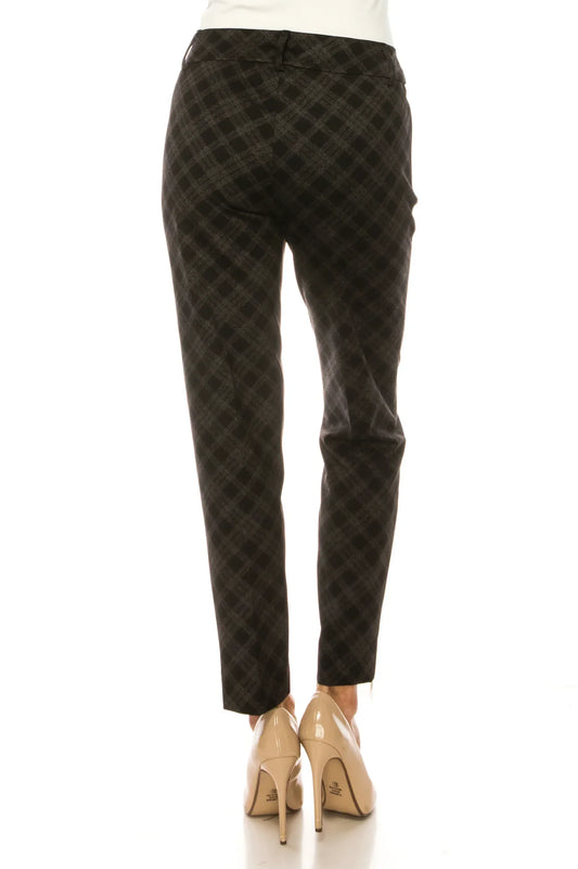 Rear view of women's dark grey plaid tailored dress pants and nude pointed-toe pumps.