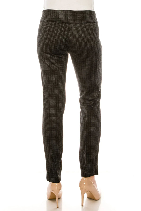 Rear view of a woman wearing dark grey patterned dress pants and beige high heels.