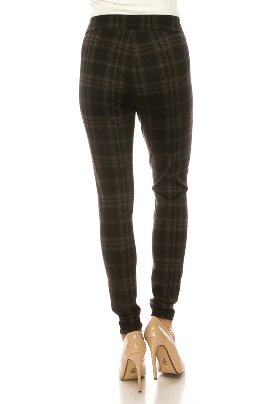 Back view of women's slim-fit plaid trousers in dark brown with nude stiletto heels