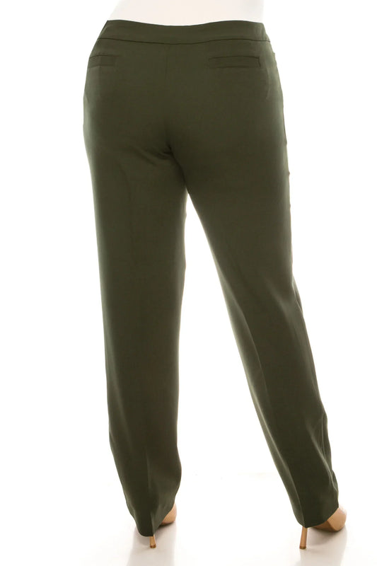 Rear view of women's elegant olive green tailored dress pants on a mannequin.