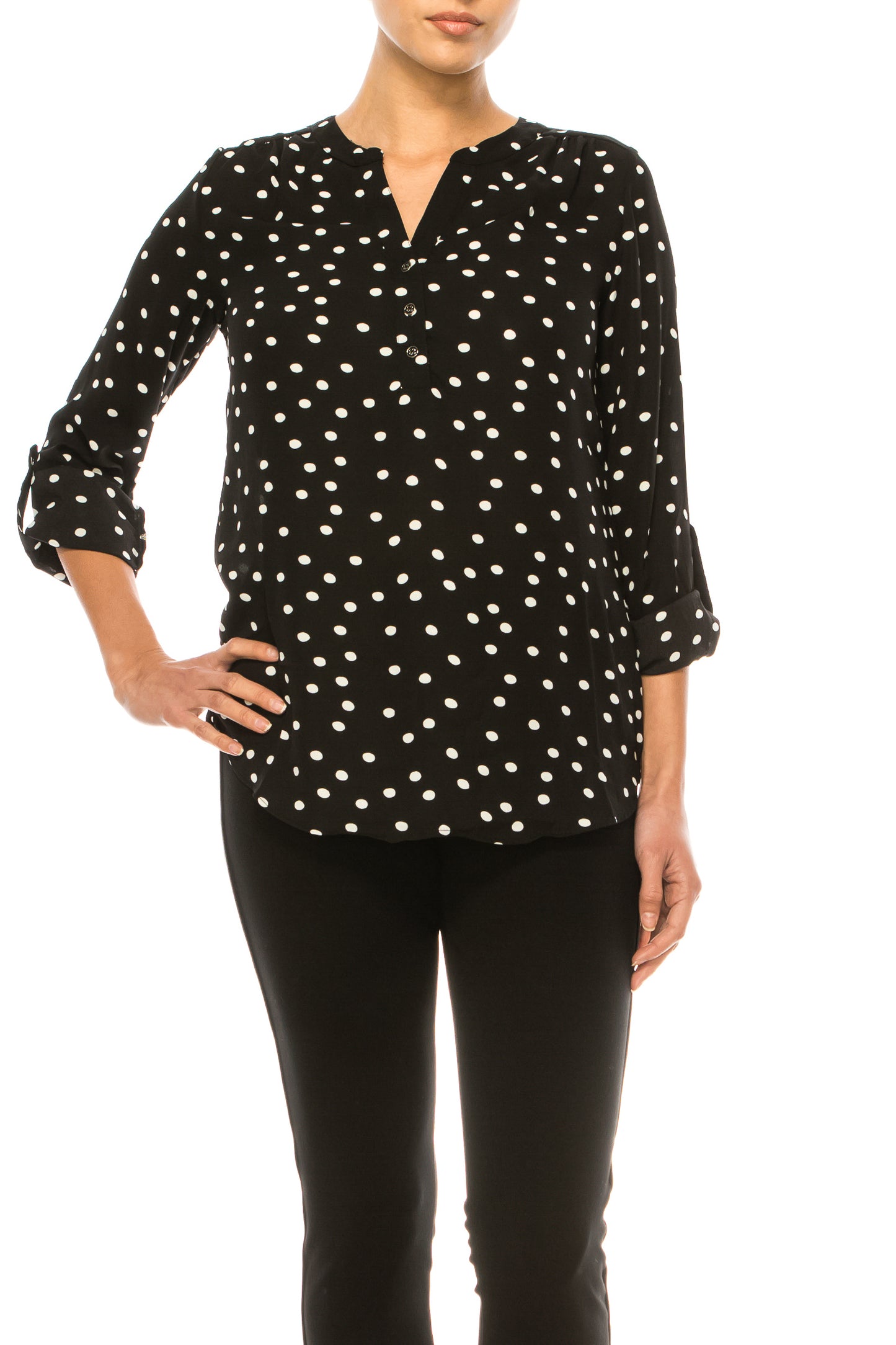 Zac & Rachel Printed Roll-Up Button Sleeve Split-Neck Top