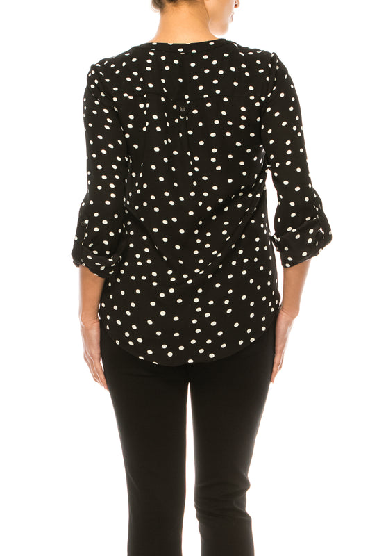 Zac & Rachel Printed Roll-Up Button Sleeve Split-Neck Top
