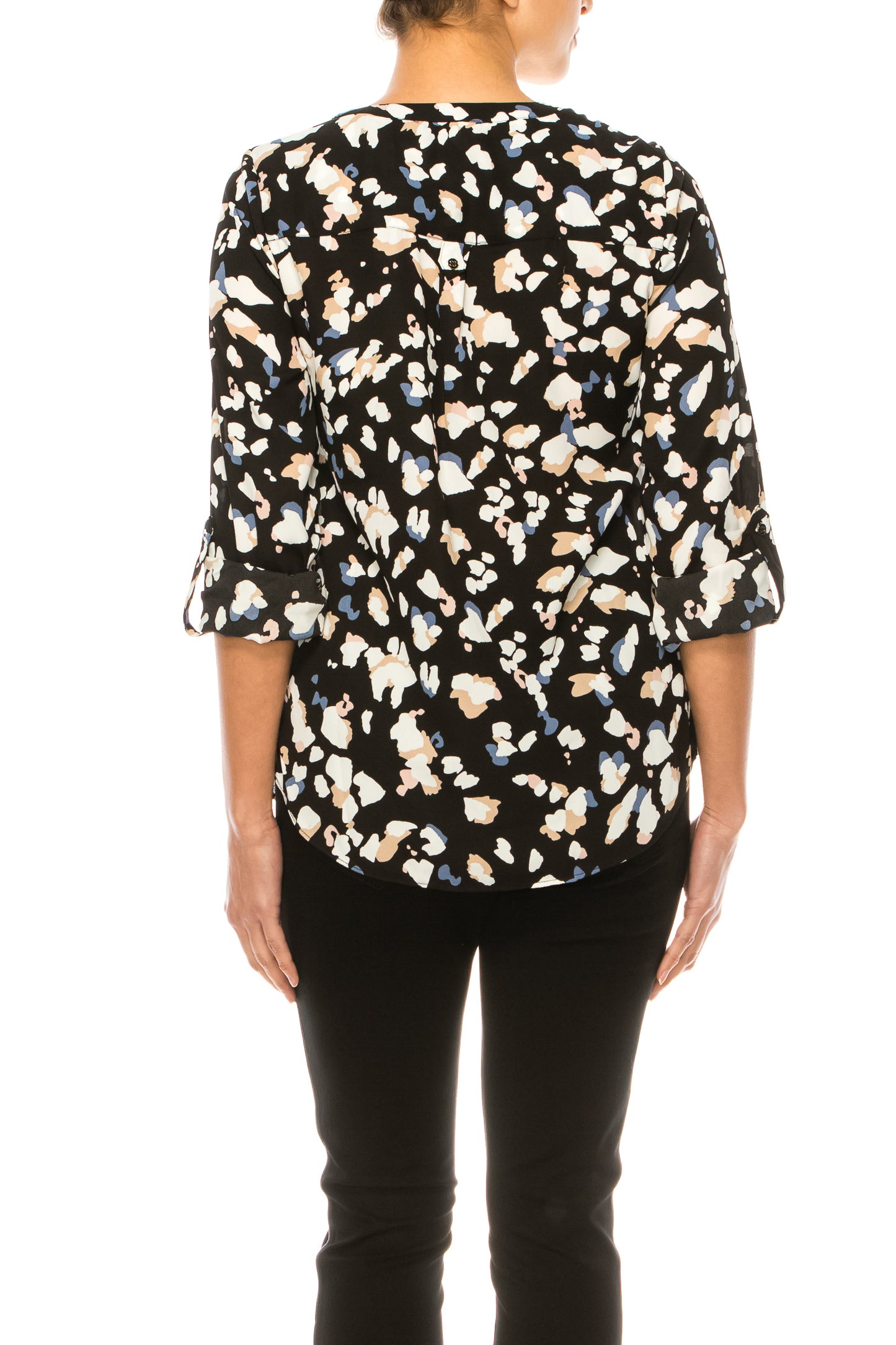 Zac & Rachel Printed Roll-Up Button Sleeve Split-Neck Top