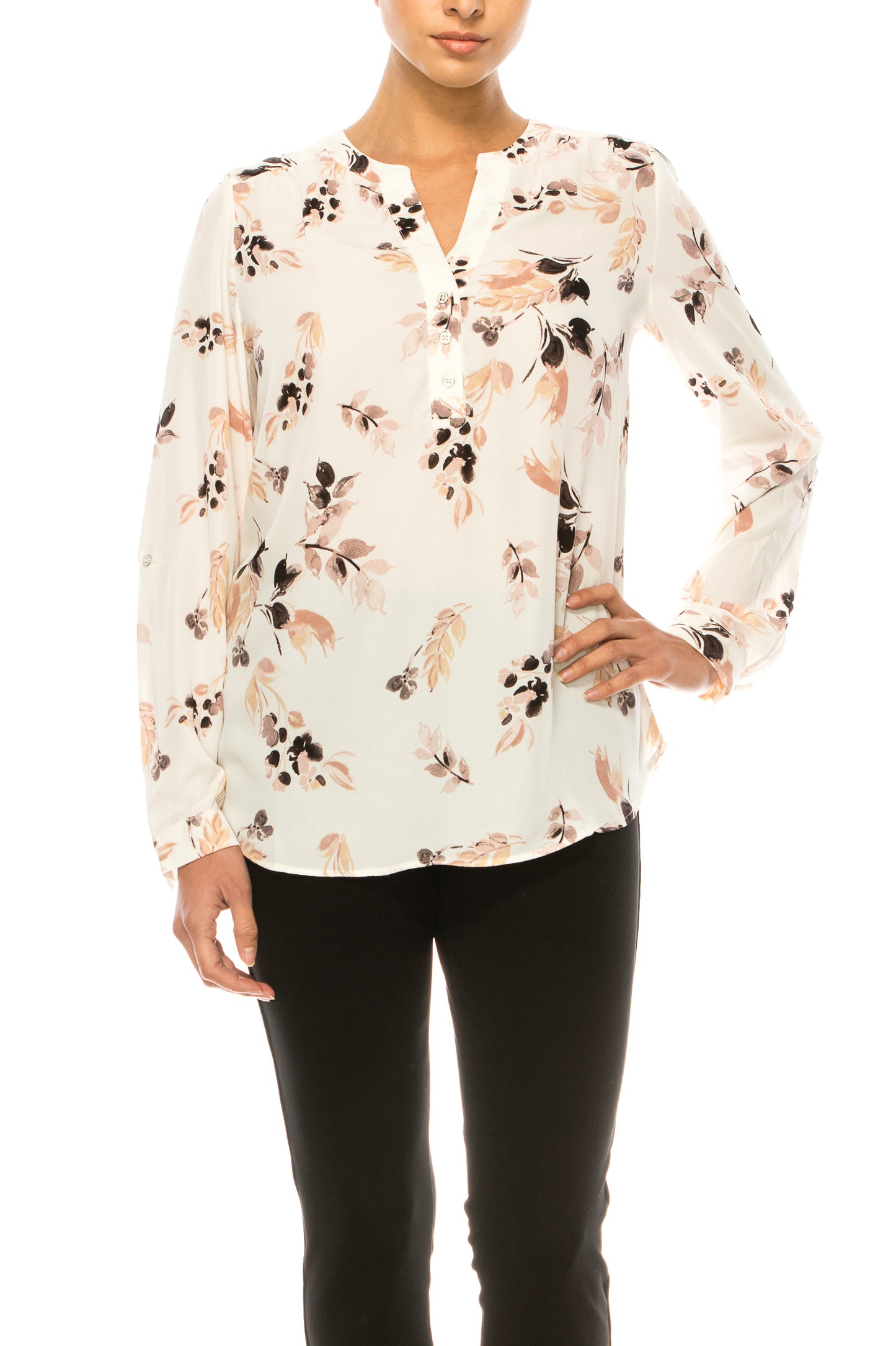 Zac & Rachel Printed Roll-Up Button Sleeve Split-Neck Top