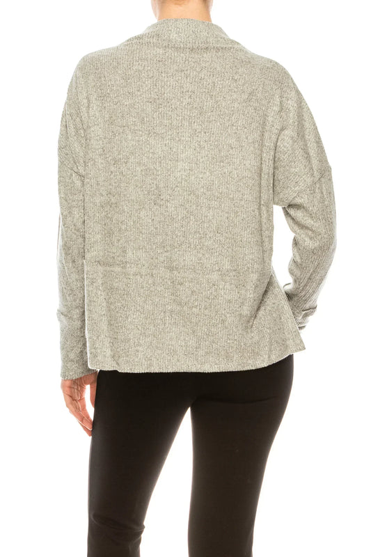 Back view of ZAC & RACHEL light grey heather long sleeve mock neck knit top.