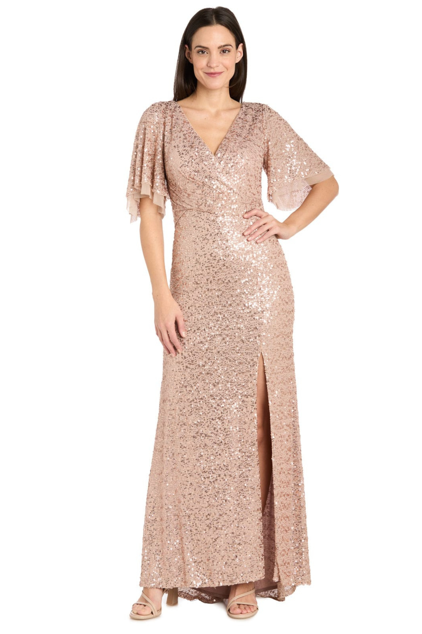 R&M Richards Rose Gold Sequin Flutter-Sleeve Evening Gown