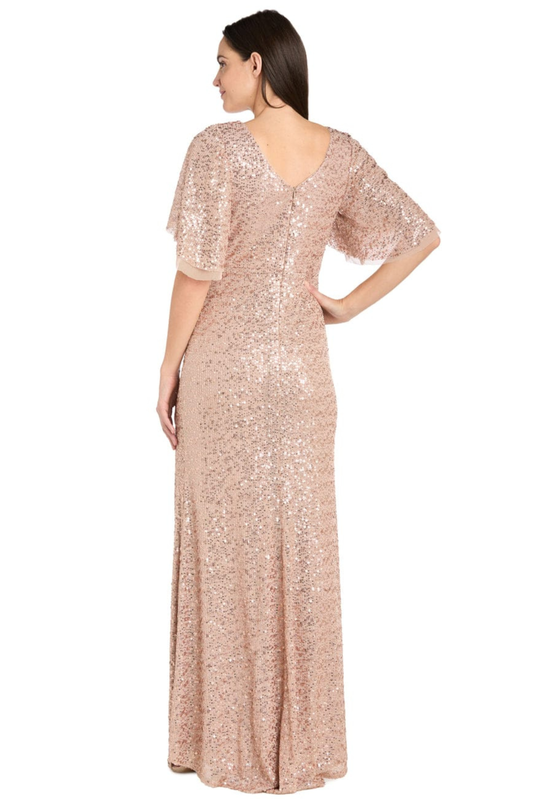 R&M Richards Rose Gold Sequin Flutter-Sleeve Evening Gown