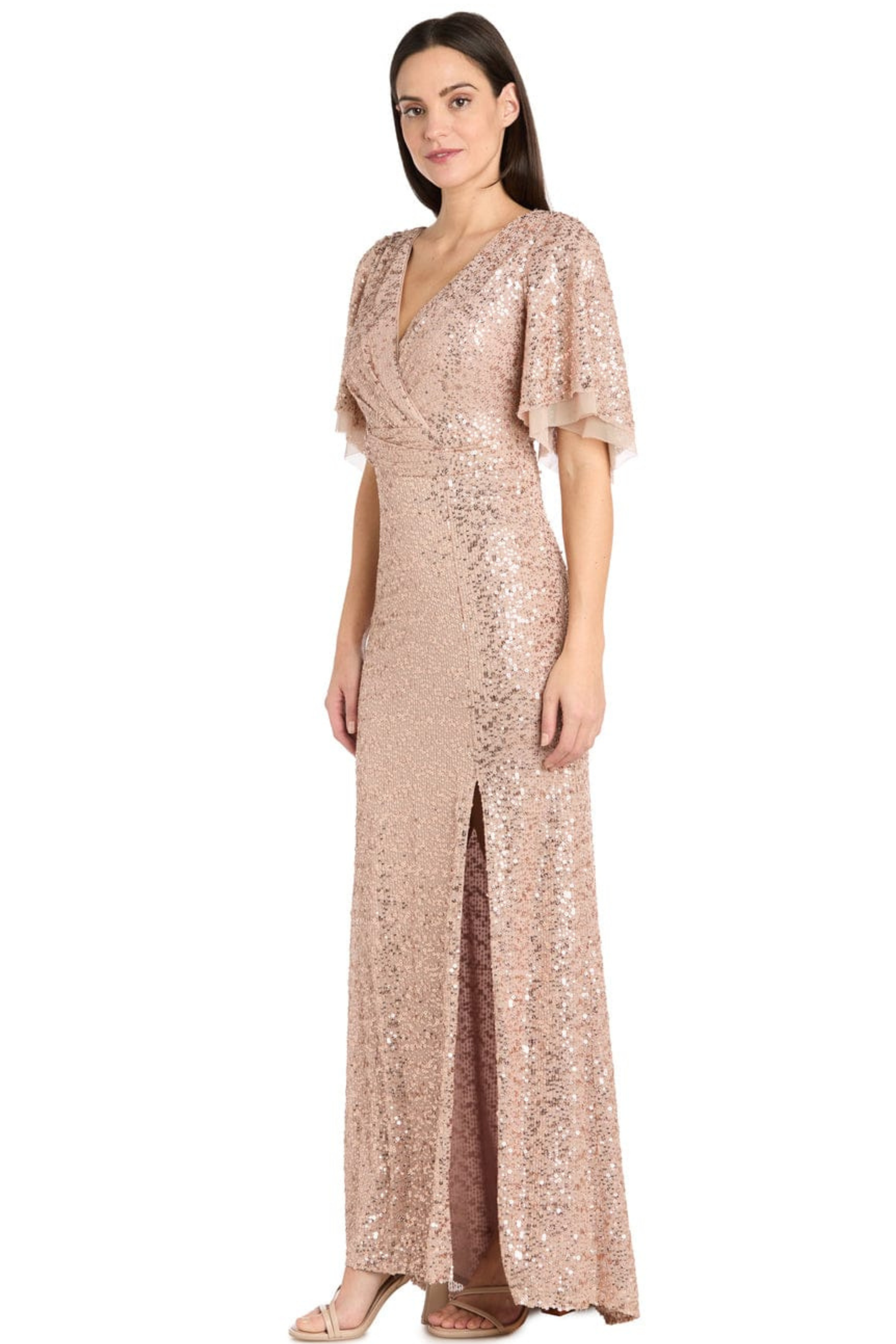 R&M Richards Rose Gold Sequin Flutter-Sleeve Evening Gown