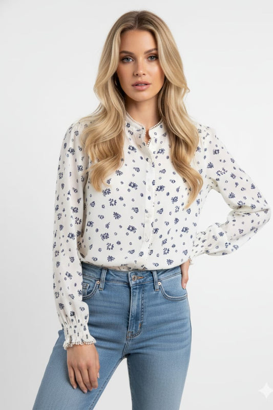 Amour Vert Remy Floral Long Sleeve Button Down Blouse