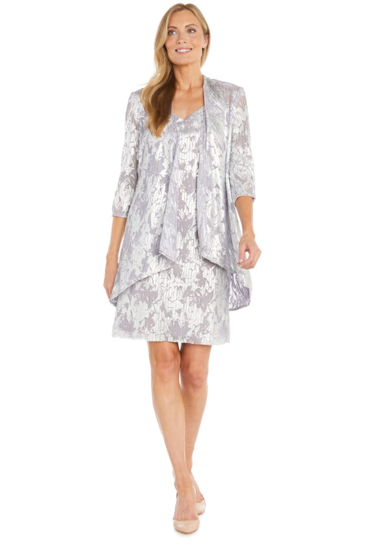 R&M Richards Lavender Silver Metallic Foil Print Jacket Dress