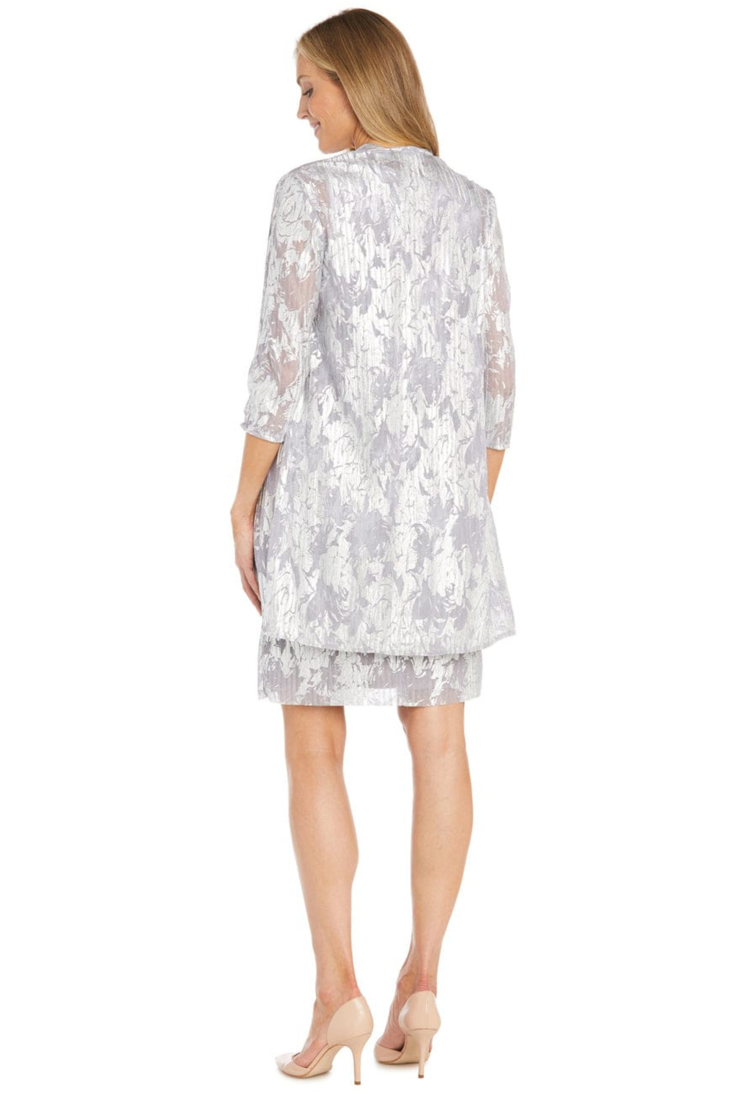 R&M Richards Lavender Silver Metallic Foil Print Jacket Dress