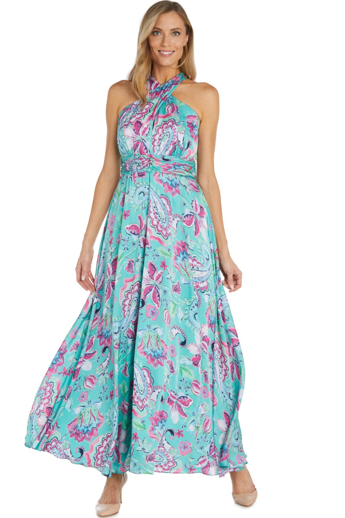 R&M Richards Jade Floral Paisley Crisscross Halter Maxi Dress