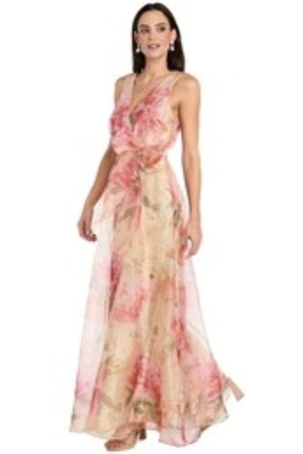 R&M Richards Peach Coral Floral Organza Ruffled A-Line Maxi Dress