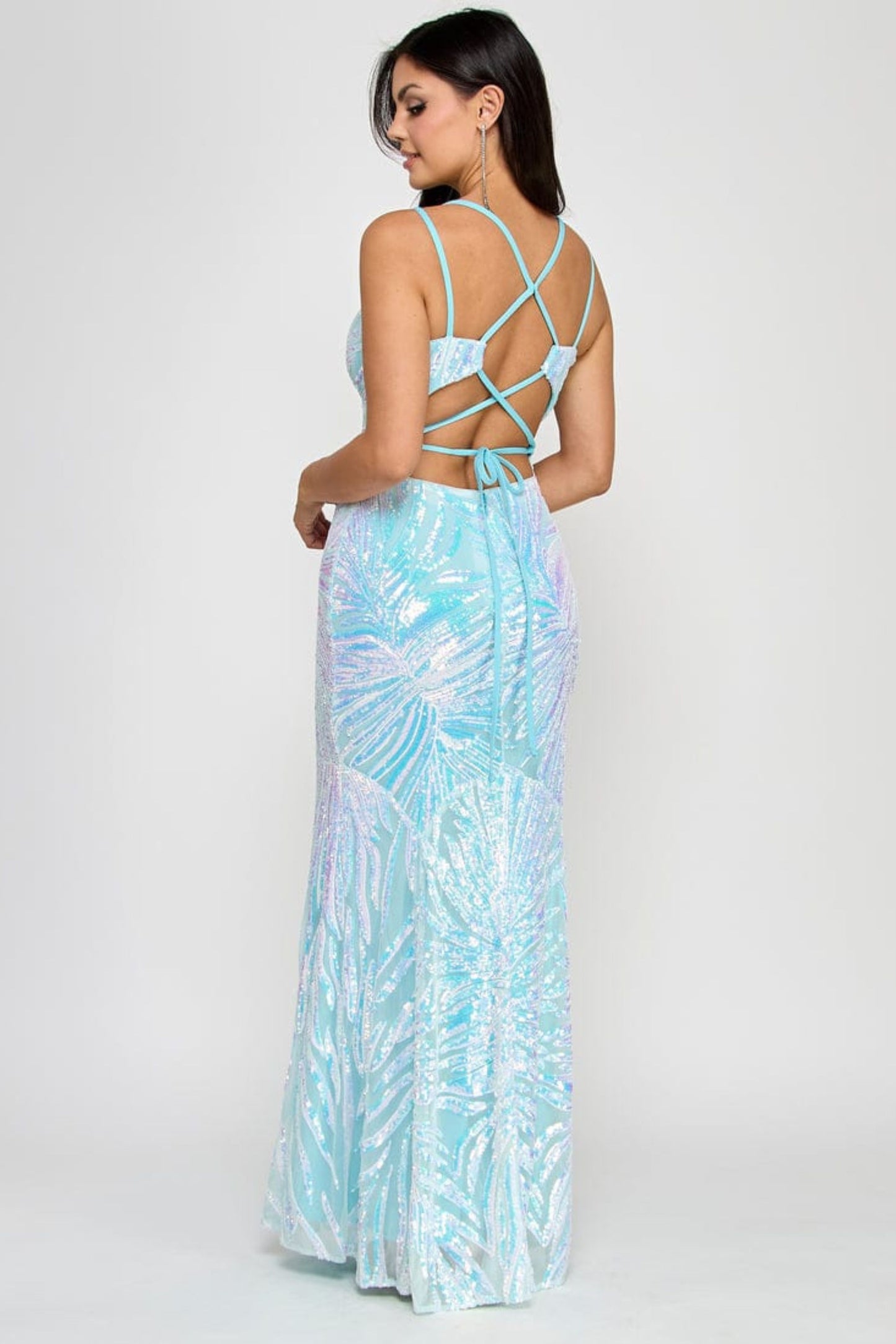Morgan & Co Baby Blue Iridescent Sequin Evening Gown