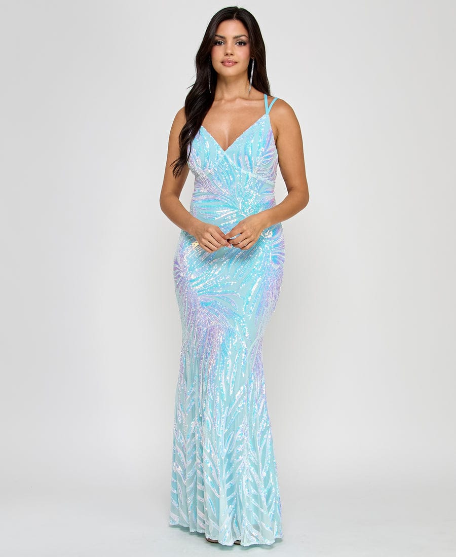 Morgan & Co Baby Blue Iridescent Sequin Evening Gown