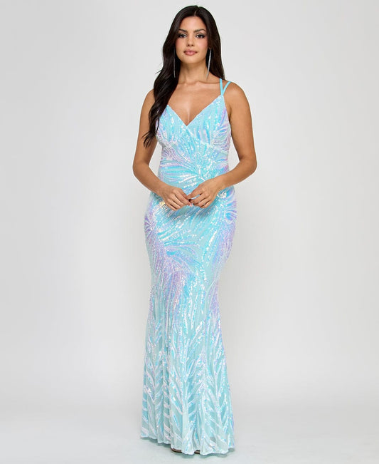 Morgan & Co Baby Blue Iridescent Sequin Evening Gown