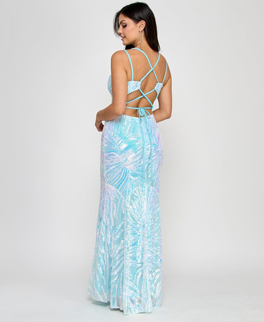 Morgan & Co Baby Blue Iridescent Sequin Evening Gown