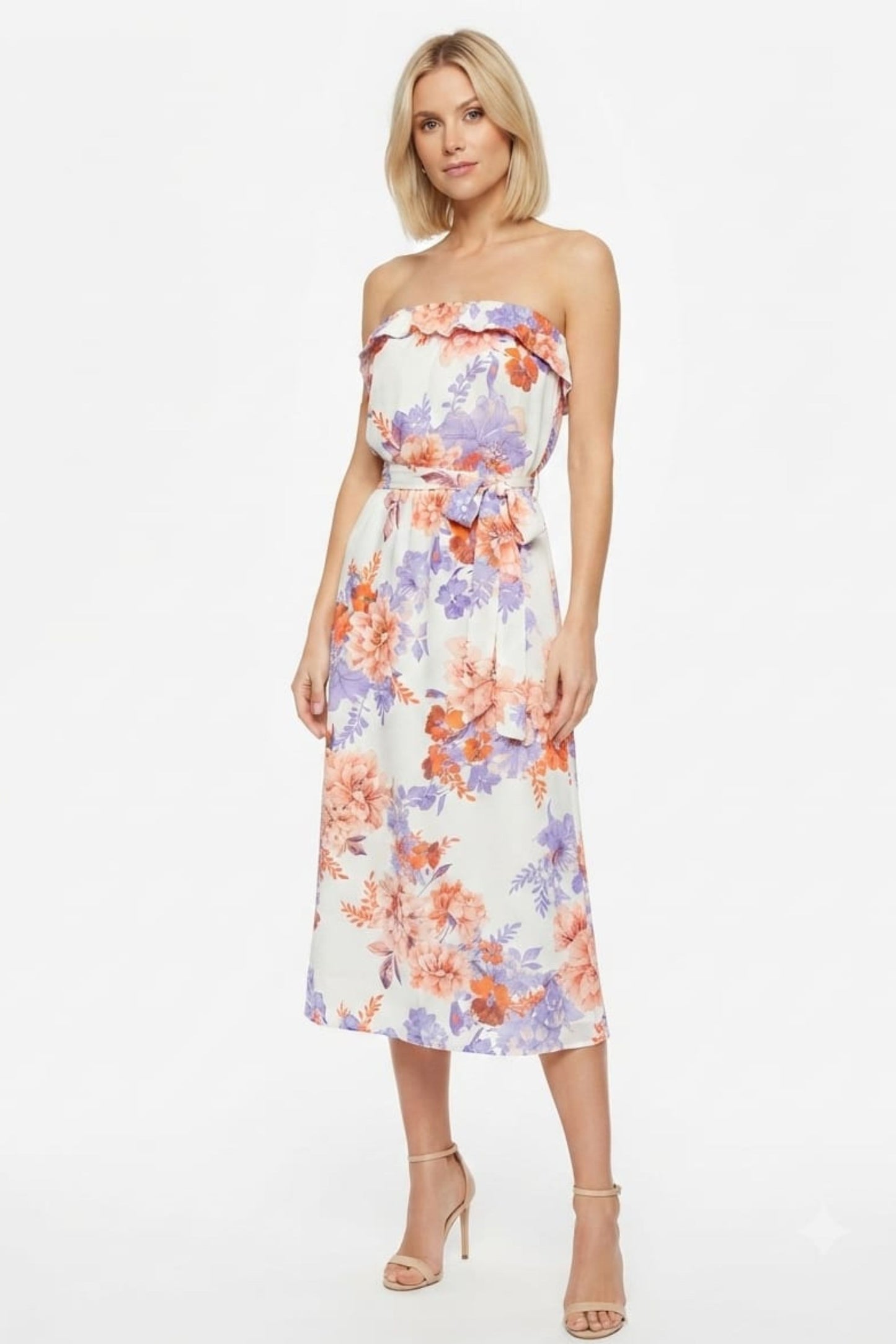 Vivid Floral Belted A-Line Strapless Maxi Dress