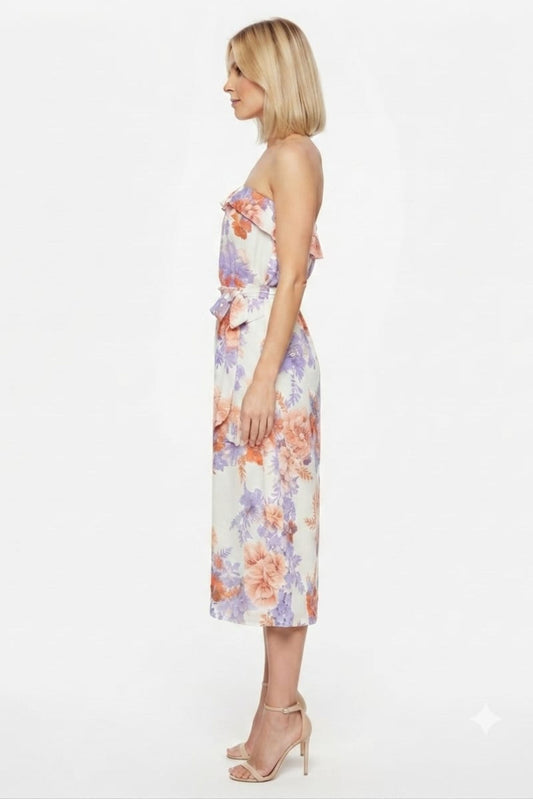 Vivid Floral Belted A-Line Strapless Maxi Dress