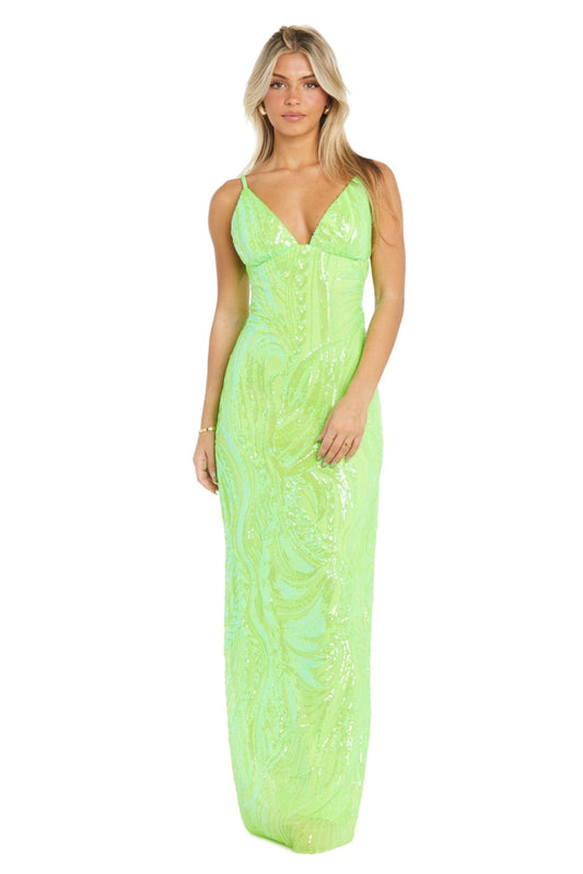 Morgan & Co Lime Green Iridescent Sequin Evening Gown