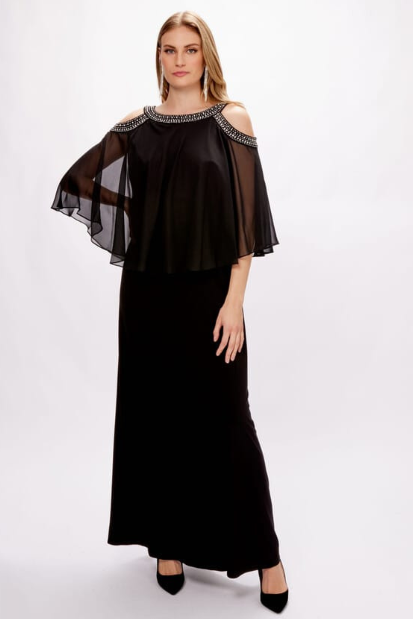 Alex Evenings Black Cold-Shoulder Rhinestone Popover Evening Dress