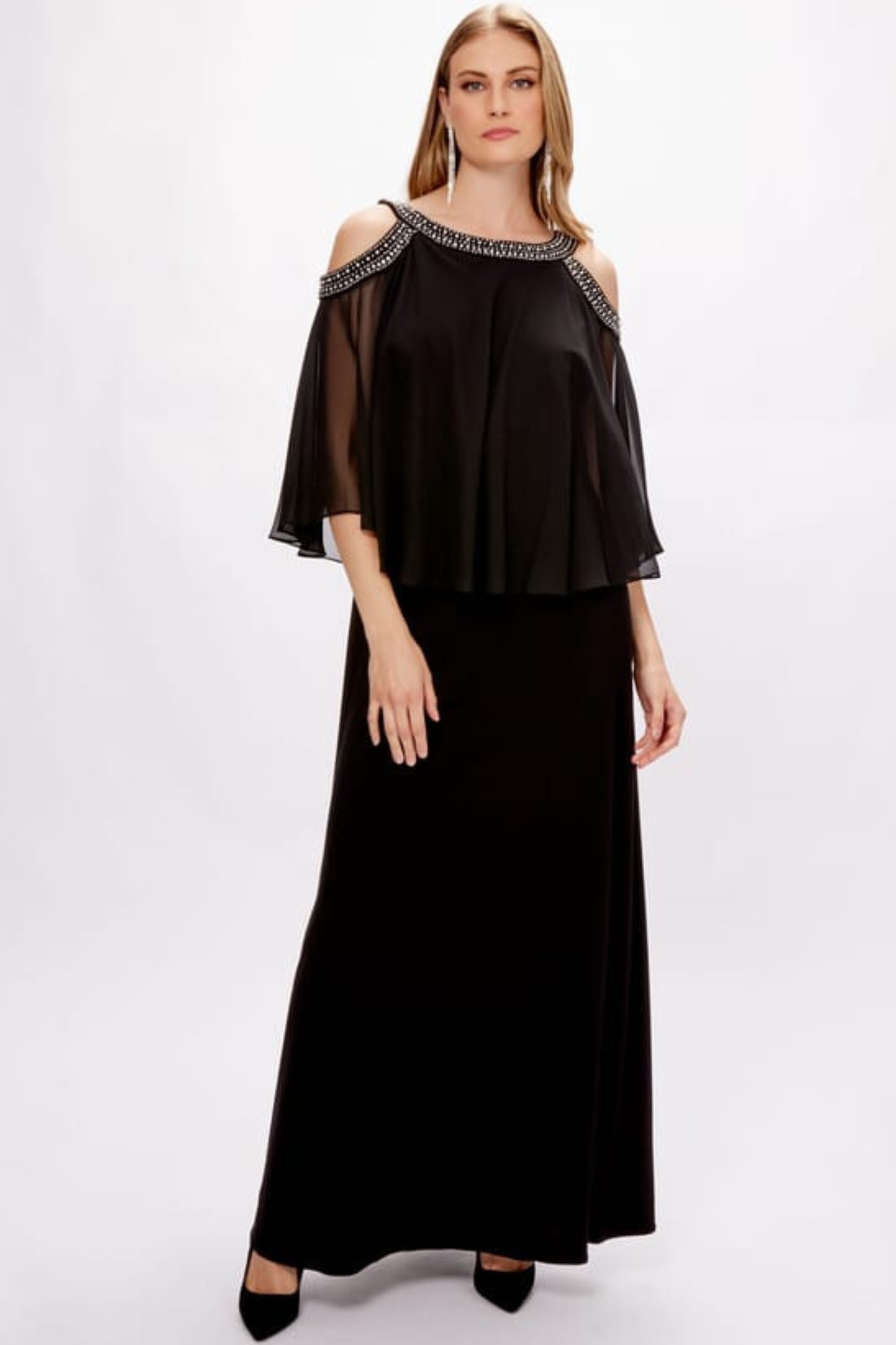 Alex Evenings Black Cold-Shoulder Rhinestone Popover Evening Dress