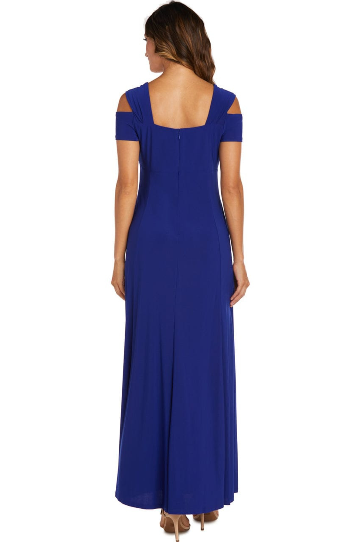 R&M Richards Electric Blue Rhinestone Cold-Shoulder Evening Gown