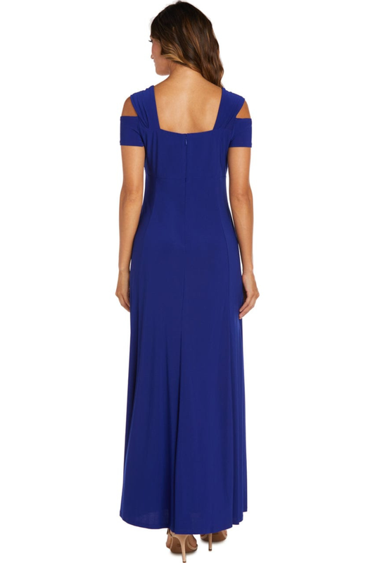 R&M Richards Electric Blue Rhinestone Cold-Shoulder Evening Gown
