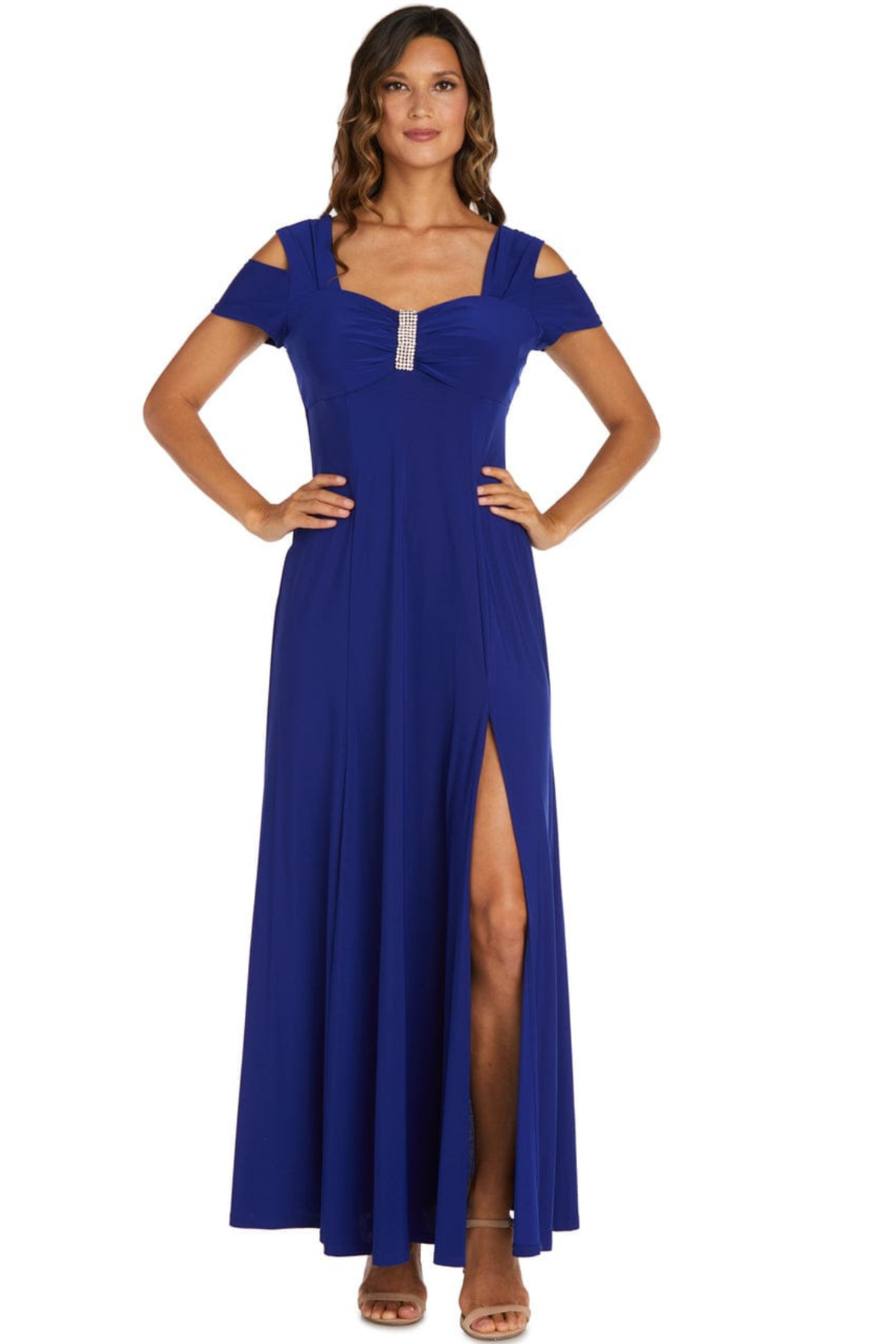 R&M Richards Electric Blue Rhinestone Cold-Shoulder Evening Gown