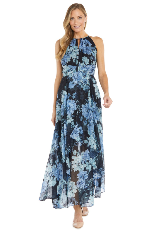 R&M Richards Navy Blue Floral Chiffon Halter Keyhole Maxi Dress