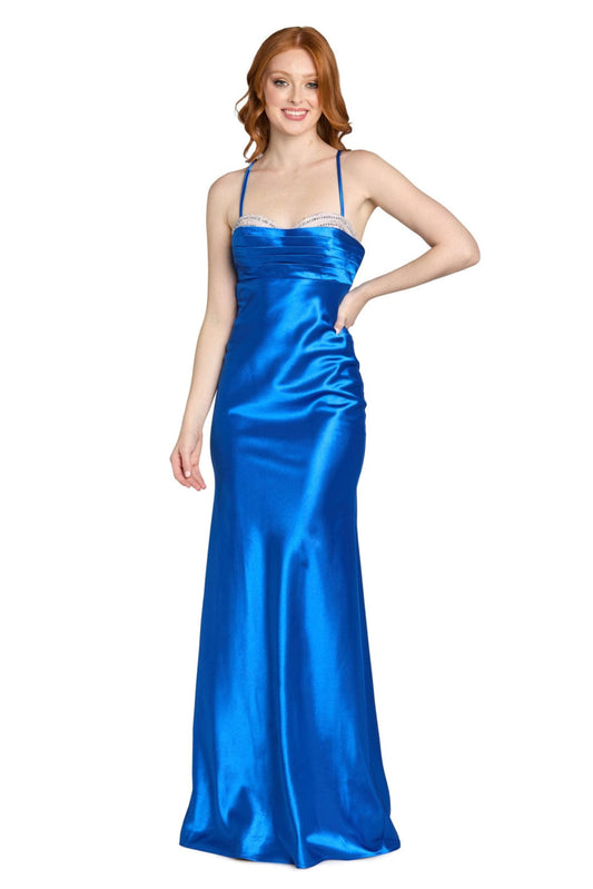 Morgan & Co Azure Blue Rhinestone Trim Satin Evening Gown