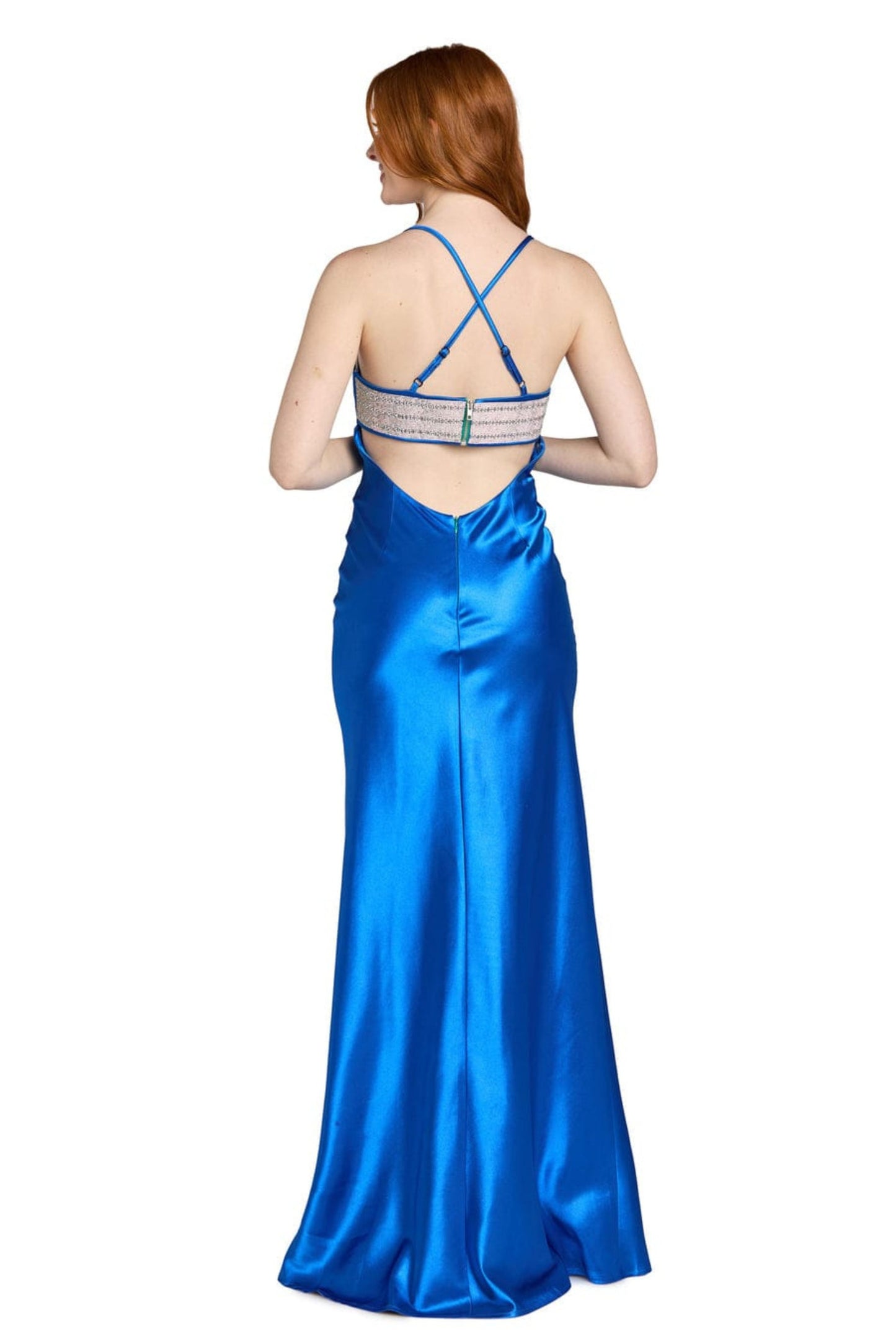 Morgan & Co Azure Blue Rhinestone Trim Satin Evening Gown