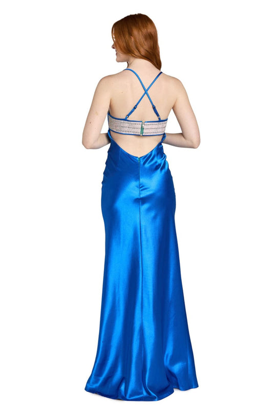 Morgan & Co Azure Blue Rhinestone Trim Satin Evening Gown
