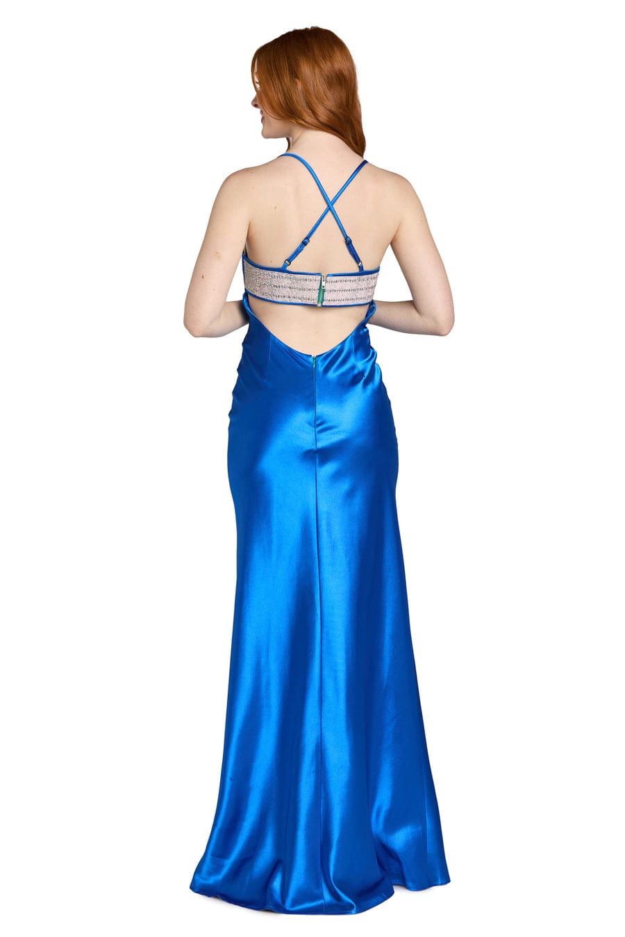 Morgan & Co Azure Blue Rhinestone Trim Satin Evening Gown