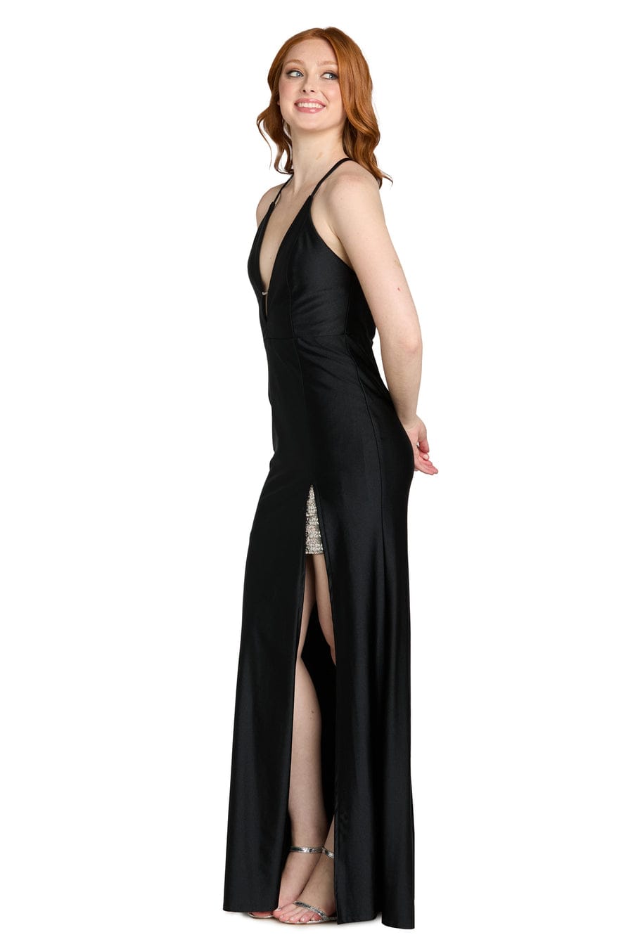 Morgan & Co Rhinestone Slit V-Neck Evening Gown