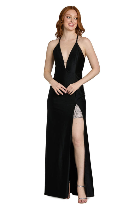 Morgan & Co Rhinestone Slit V-Neck Evening Gown